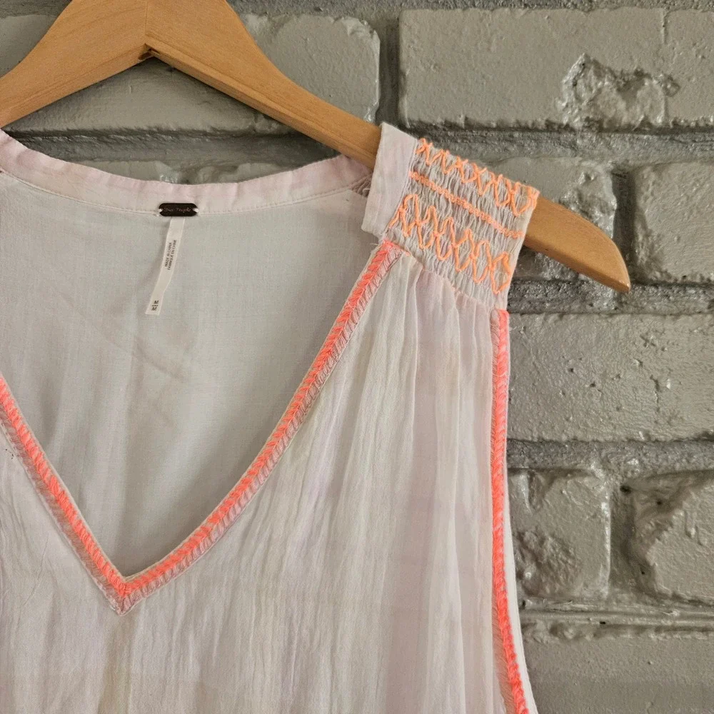 Free People White Cotton Gauze Embroidered Neon Orange Tunic Top Size‎ M Boho